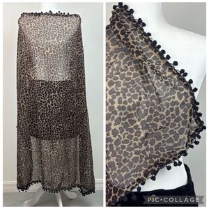 Square Leopard Print Pom Pom scarf semi sheer 43” x 43”